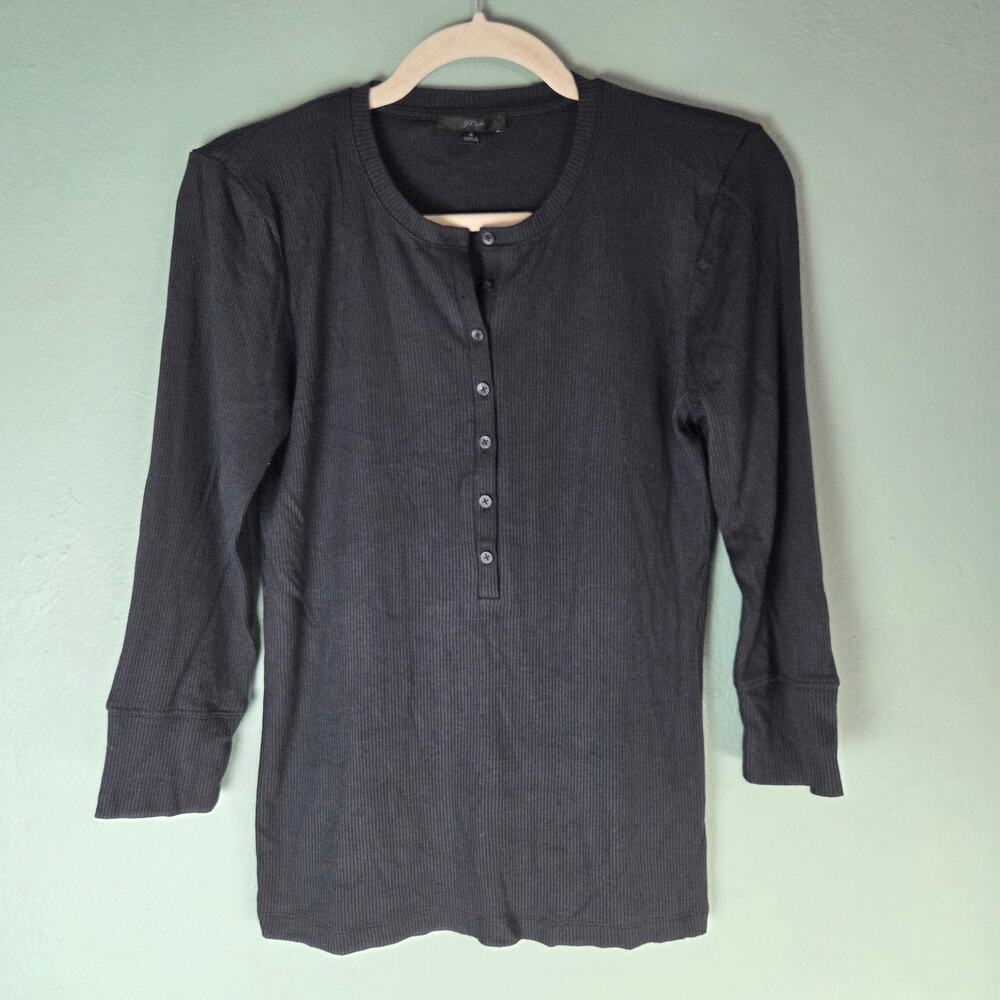 J. Crew Womens Black Ribbed Henley 3/4 Sleeve Top Small Minimalist Capsule Basic